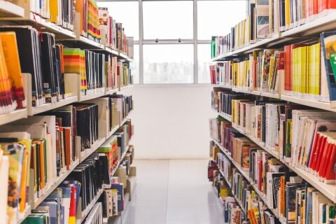 Front View From A Book Hall In A Library. Through This Image We Can Find Things About Education, Study, School, Science And Much More.